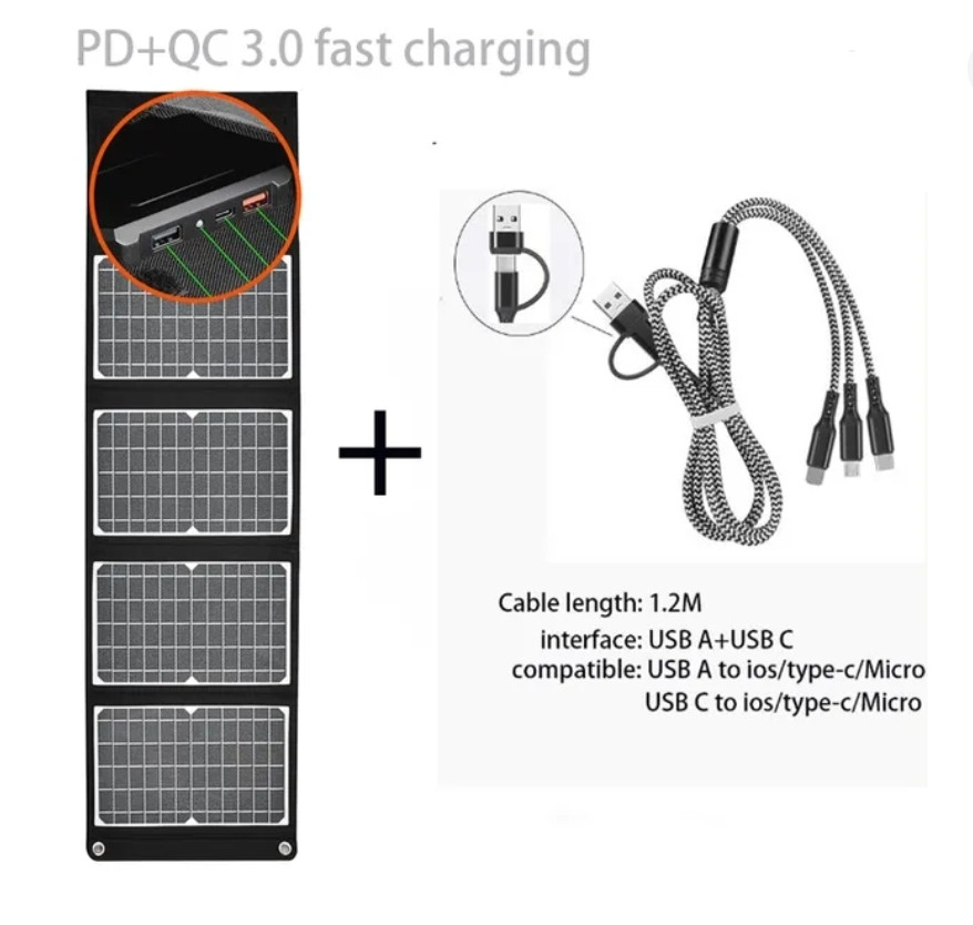 Сонячна панель 45W чорна. Туристична сонячна панель Solar Panel + кабель для зарядки