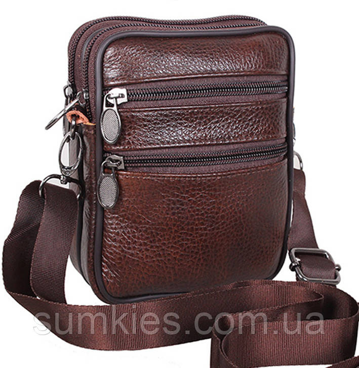 Чоловіча шкіряна сумка через плече es9950 коричнева поясна компактна барсетка коричнева 16х12см
