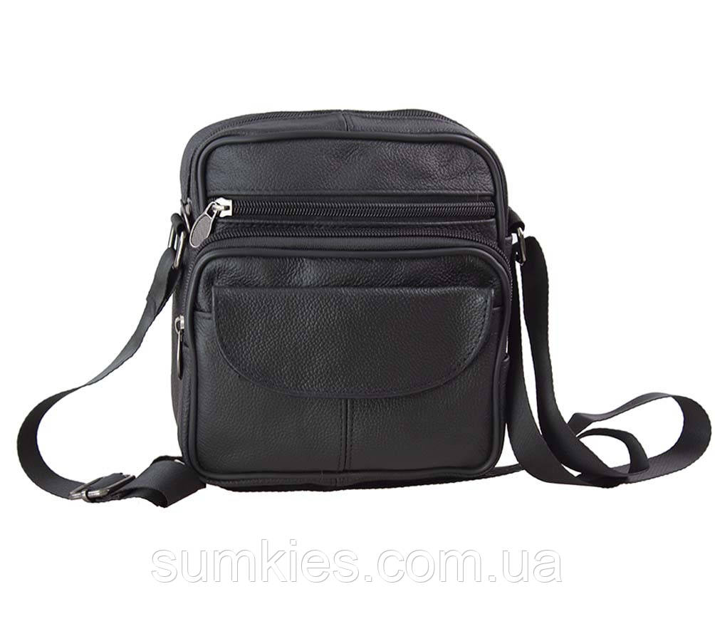 Кожаная сумка мужская через плечо 11014 черная барсетка с клапаном 18х16см - фото 4 - id-p558109650