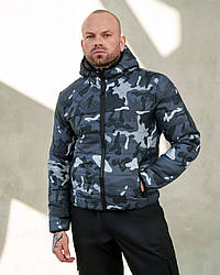Коротка демісезонна куртка чоловіча утеплена камуфляжна з капюшоном, сіра, розмір S, M, L, XL