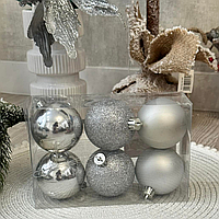 Серебряные новогодние шарики на елку набор 6 шт на 6 см