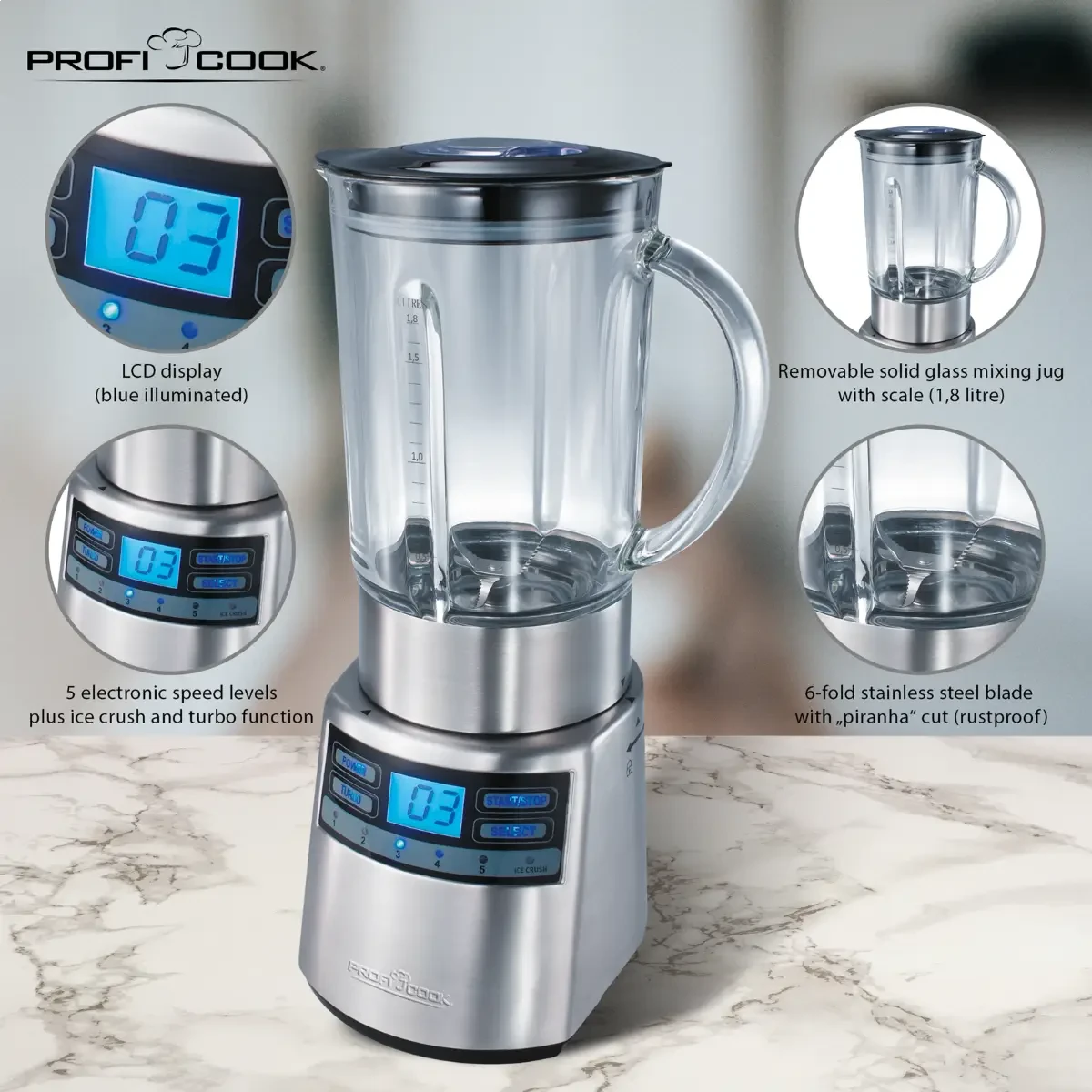 БЛЕНДЕР СТАЦІОНАРНИЙ PROFI COOK PC-UM 1006 З ЧАШЕЮ 1800МЛ