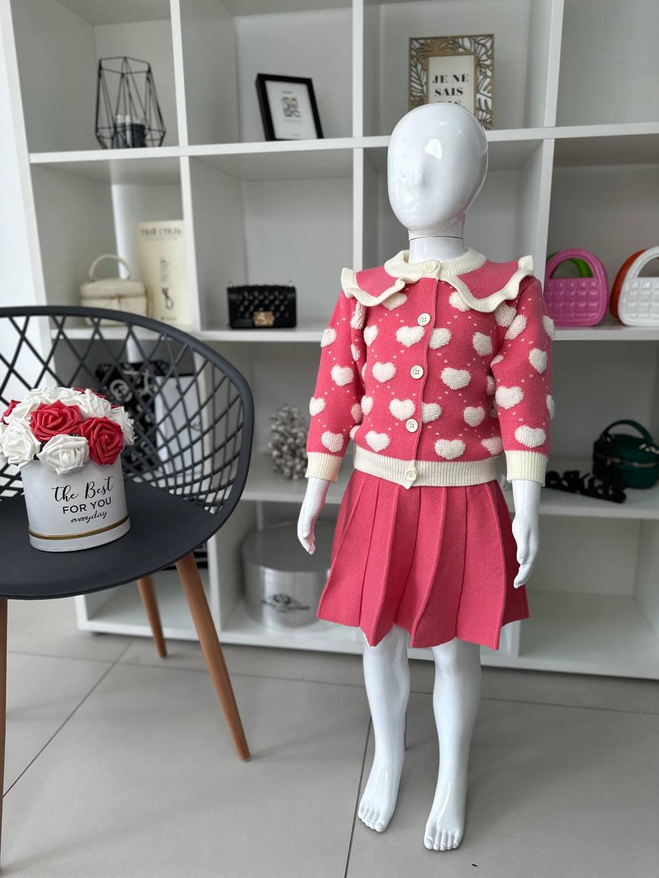 Комплект для дівчинки 2-а Светр в сердечках + спідниця Малиновий 2303 10, Малиновый, Для девочек, Зима, 122, фото 1