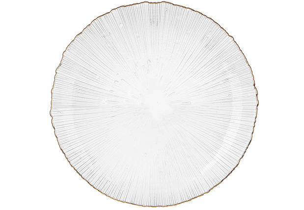 Сервірувальна тарілка скляна, колір — прозорий із золотим обідком, 21 см., (992-089), фото 1