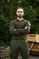 Тактический лонгслив хаки военный летний с воротником , Армейский реглан футболка с длинным рукавом хаки sim