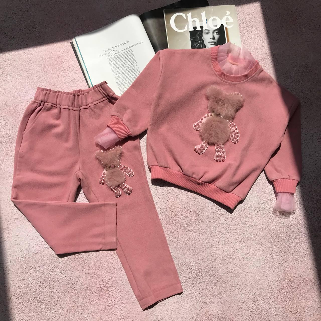 Костюм для дівчинки 2-а штани та кофта з пухнастим ведмедиком Рожевий 17129 34, Розовый, Для девочек, Весна Осень, 11 , 8 лет, фото 1