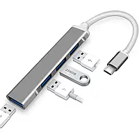 Хаб концентратор Dellta С-809 USB TYPE C на 4 USB 3.0 Silver + Подарок - Деревянный держатель AmmuNation