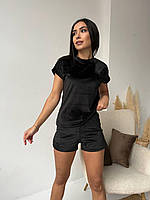 Женская пижама тройка велюровая плюшевая (штаны+шорты+футболка) XS-S, M-L, XL-2XL, 3XL-4XL | Пижама плюш велюр Черный, M-L