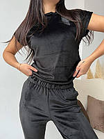 Женская пижама тройка велюровая плюшевая (штаны+шорты+футболка) XS-S, M-L, XL-2XL, 3XL-4XL | Пижама плюш велюр Черный, 3XL-4XL