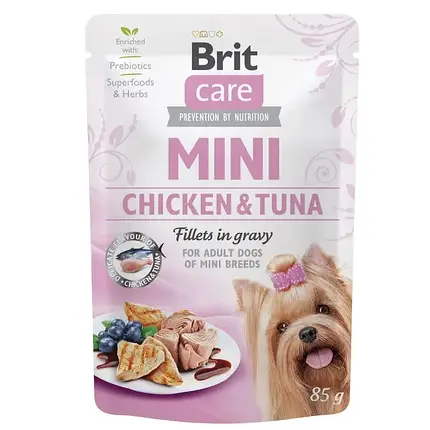 ТЕРМІН 11.2025!!! Вологий корм для собак Brit Care Mini pouch 85 g філе в соусі (курка та тунець), фото 1