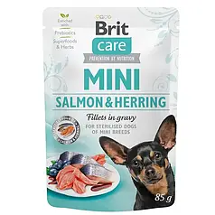 ТЕРМІН 11.2025!!! Вологий корм для собак Brit Care Mini pouch 85 g філе в соусі (лосось та оселедець)
