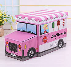 Пуф Короб складаний, ящик для іграшок З КАПОТОМ Автобус з Морозивом рожевий