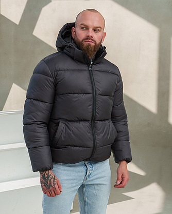 Чоловіча куртка пуховик на зиму колір графіт чоловічий пуховик з капюшоном з утеплювачем захистом від вітру, фото 3