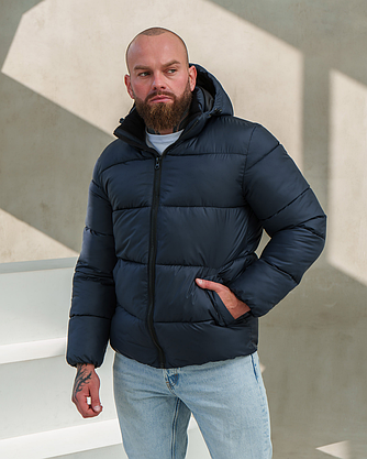 Якісна чоловіча куртка на зиму пуховики чоловічі зимові темно-сині пуховик із капюшоном кишенями теплі, фото 4