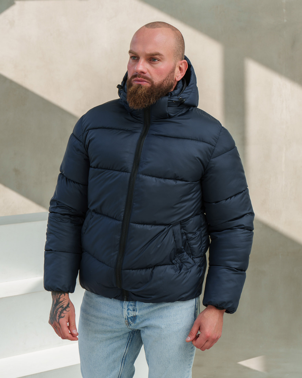 Якісна чоловіча куртка на зиму пуховики чоловічі зимові темно-сині пуховик із капюшоном кишенями теплі