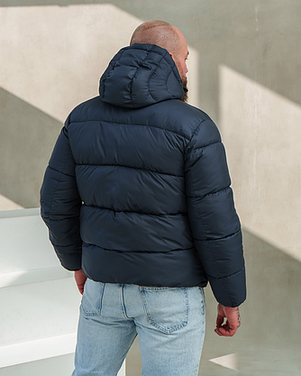 Якісна чоловіча куртка на зиму пуховики чоловічі зимові темно-сині пуховик із капюшоном кишенями теплі, фото 5