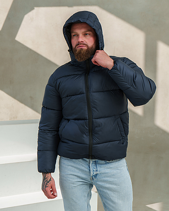 Якісна чоловіча куртка на зиму пуховики чоловічі зимові темно-сині пуховик із капюшоном кишенями теплі, фото 2