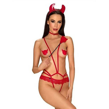Костюм дияволиці Obsessive Evilia teddy red L/XL 4 предмети, фото 1
