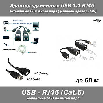 Адаптер подовжувач USB 1.1 - RJ45 Cat5 Cat6 extender до 60м вита пара (довгий провід USB)