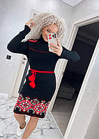 Вязаные платья - 1071/а-гу - Стильное трикотажное теплое вязаное платье вышиванка по колено