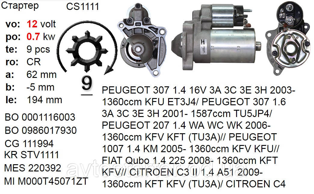 Стартер б/у CITROEN Berlingo C2 C3 C4 Xsara FIAT Fiorino PEUGEOT 106 205 206 207 306 307 309 Partner
