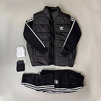 Спортивный костюм зимний на флисе + Жилетка мужская Adidas Комплект мужской Адидас осенний демисезонный черный