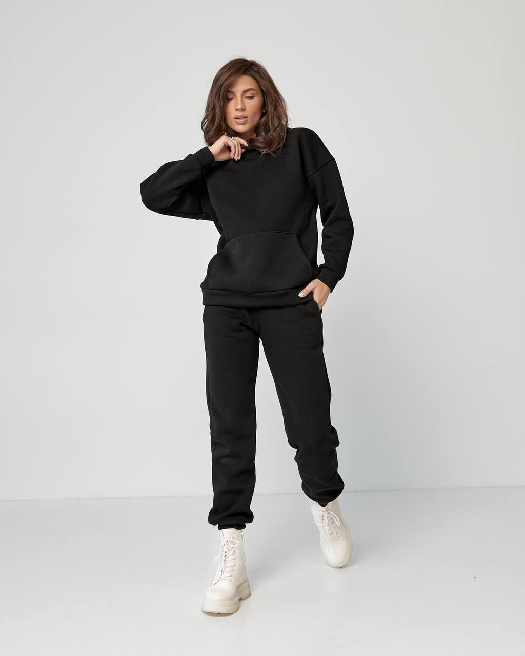 Костюм спортивний жіночий ЗИМА 3-нитка на флісі VELIKA ЧОРНИЙ, фото 1