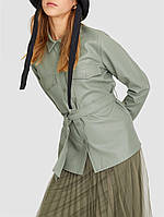 Рубашка женская из искусственной кожи с поясом. Куртка рубашка для женщин (оливковая) M