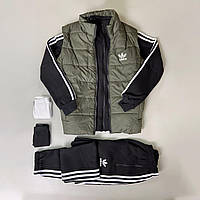 Комплект теплий Adidas Спортивний костюм чоловічий на флісі + Безрукавка (Жилетка) осінній зимовий демісезонний Адидас чорний-хакі