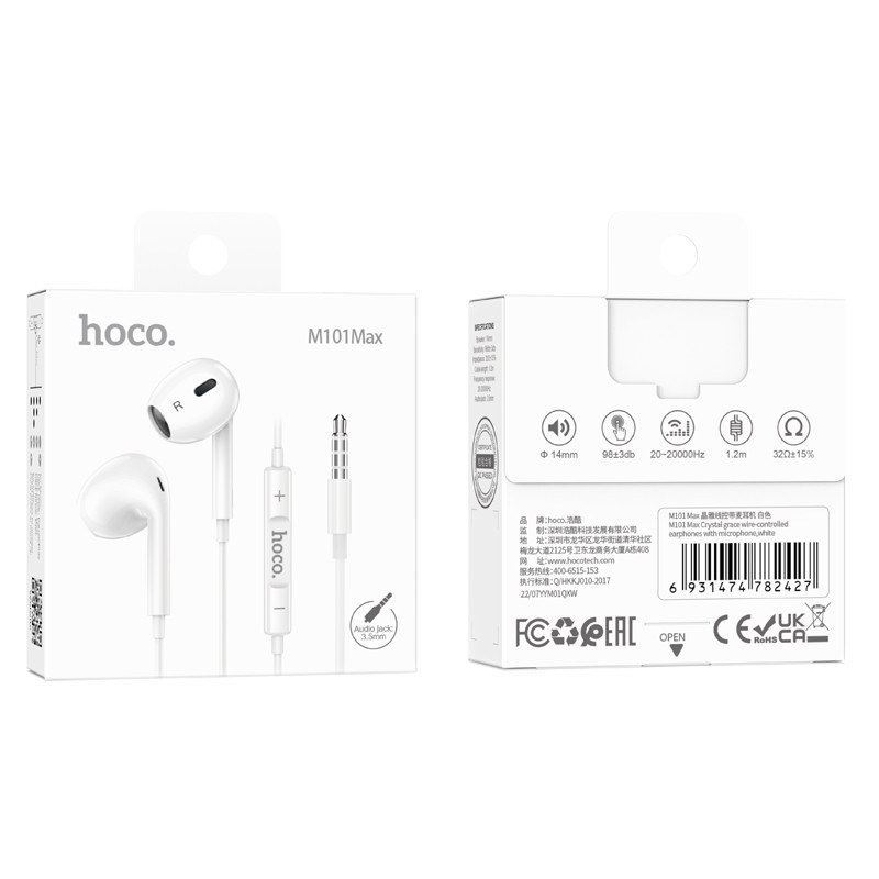 Навушники (дротові) Hoco для M101 Max Crystal grace wire-controlled earphones with microphone 3.5 mm White