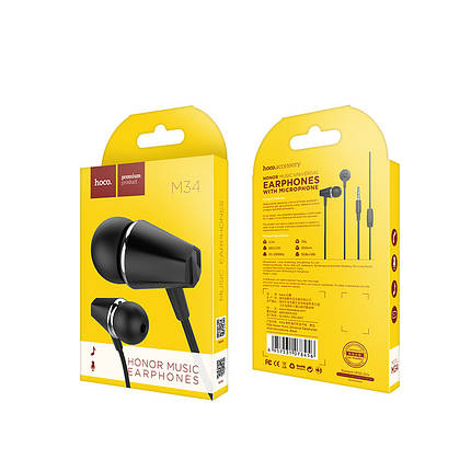 Навушники (дротові) Hoco для M34 honor music universal earphones with microphone 3.5mm Black, фото 3