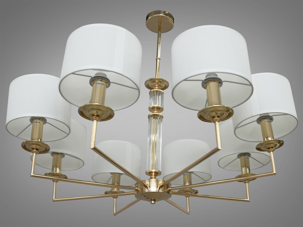 Золота металева люстра з білими тканинними абажурами  8 ламп Е14 83x63 см