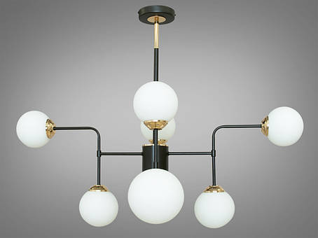 Люстра чорна зі скляними плафонами на штанзі 8 ламп Е27 90x67 см, фото 1