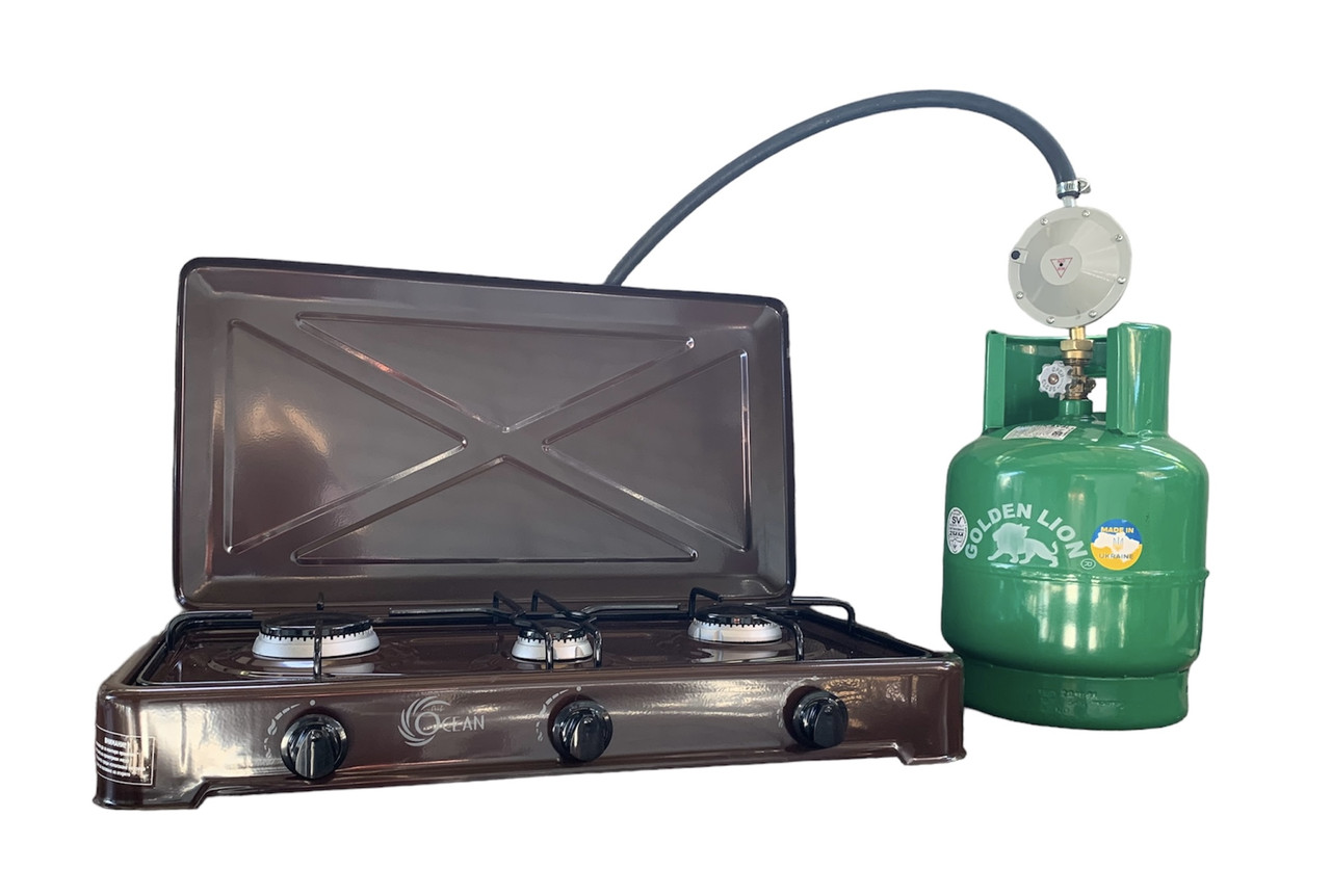 Газова плита трикомфорочна Nurgaz NG-3007+ Балон Rudyy 5л + редуктор зі шлангом + пальник на балон у подарунок