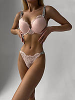 Комплект кружевного нижнего белья Виктория Сикрет женский,бюстгальтер пуш-ап,трусики бразилиана.нежно розовый