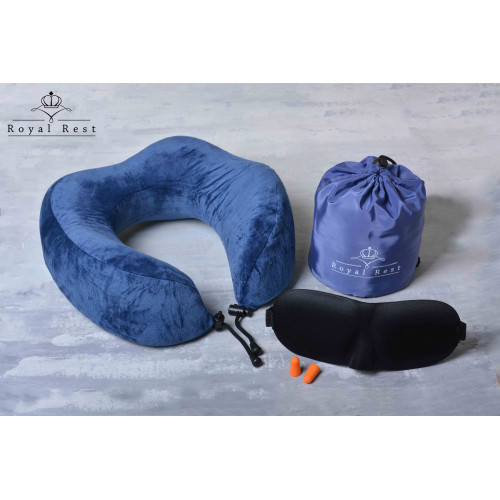 Подушка ортопедична для подорожей Royal Rest Memory Foam Синій 28х27х12 см Зручна подушка для літака, фото 1