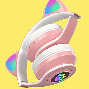Бездротові bluetooth навушники Котячі вушка VZV-23M світяться + карта пам'яті на 16 Гб, Рожеві, фото 4