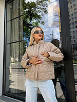 Осіння тепле жіноче стьобане куртка оверсайз Модна стильна куртка на блискавці з затяжками з кишенями Бежевий