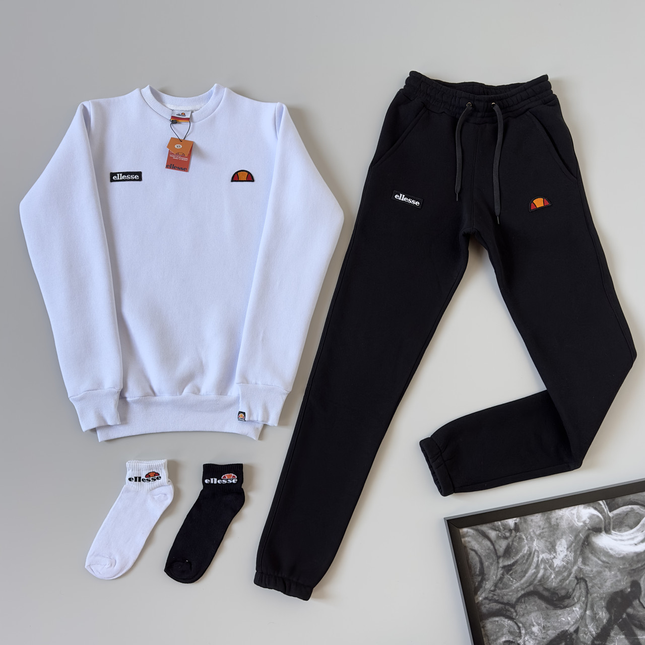 Чоловічий зимовий спортивний костюм Ellesse чорний без капюшона на флісі Аліса Світшот + Штани + Шкарпетки