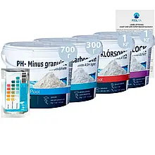 Комплексний набір хімії «Аква Аптечка»  InPool 80512 для коригування балансу води до обсягу басейну 13 ÷ 27 м³  (pH+ 300г, pH-