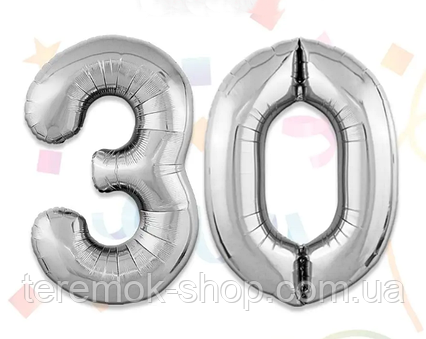 Фольговані цифри 30 срібло, повітряні кульки 70 см 32" Китай