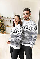 Парні новорічні светри білі з оленями без горла вовняні Кофти для пари з новорічним принтом