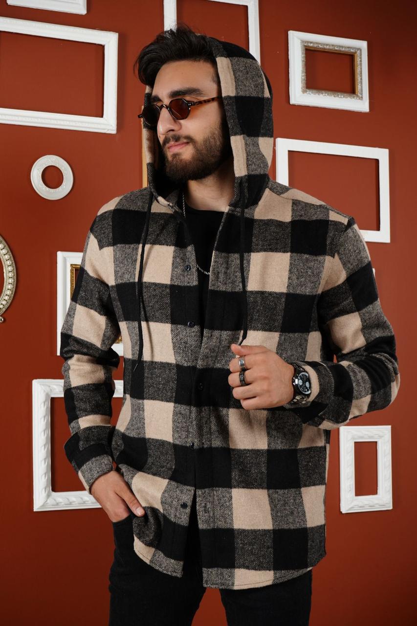Чоловіча сорочка з капюшоном утеплена бежева клітинка Туреччина 56222 M, фото 1