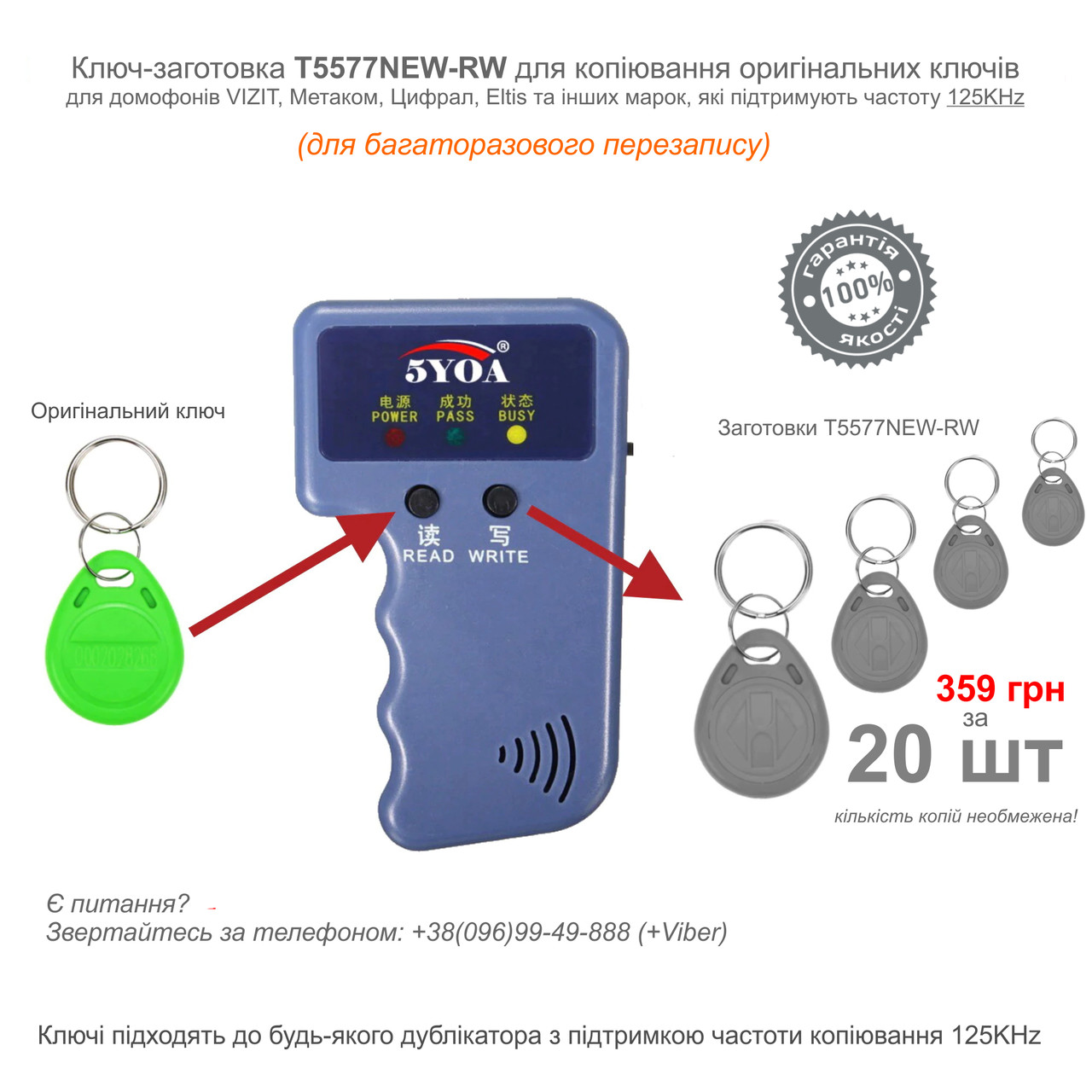 Ключі заготівки T5577NEW-RW 125KHz для копіювання. До домофонів VIZIT, Цифрал, Метаком, КС. (набір 20 шт.)