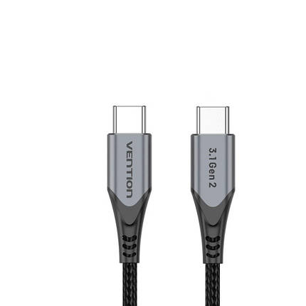 Кабель Type-C-Type-C 3.1 Gen2 Vention TPE Nylon Thunderbolt 3 4K 60Hz PD 100W 5A 10Gbps nickel-plated 1m Grey, фото 1