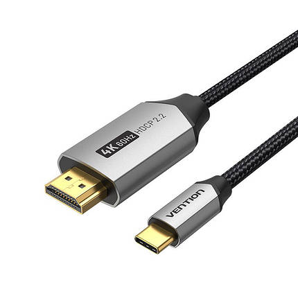 Кабель Type-C-HDMI 2.0 4K 60Hz HDCP 2.2 Thunderbolt 3 Vention Cotton Braided 1m Grey (CRBBF), фото 1