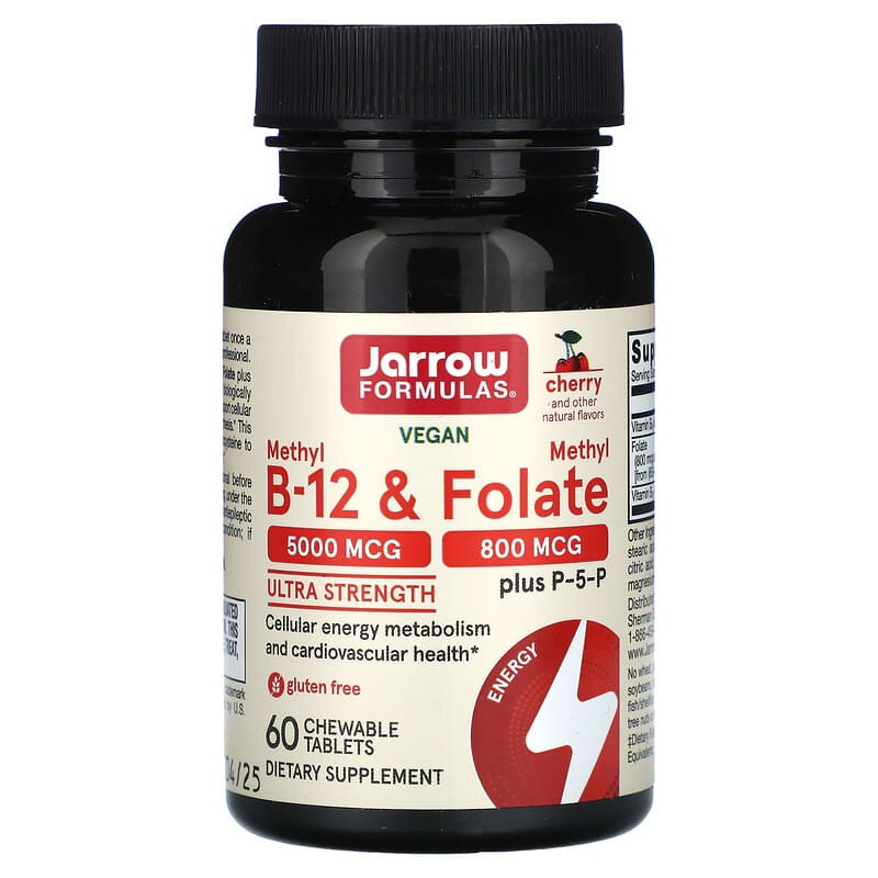 Метил B12 і метилфолат Jarrow Formula "Methyl B12&Methyl Folate" + вітамін В6, вишневий смак (60 льодяників), фото 1