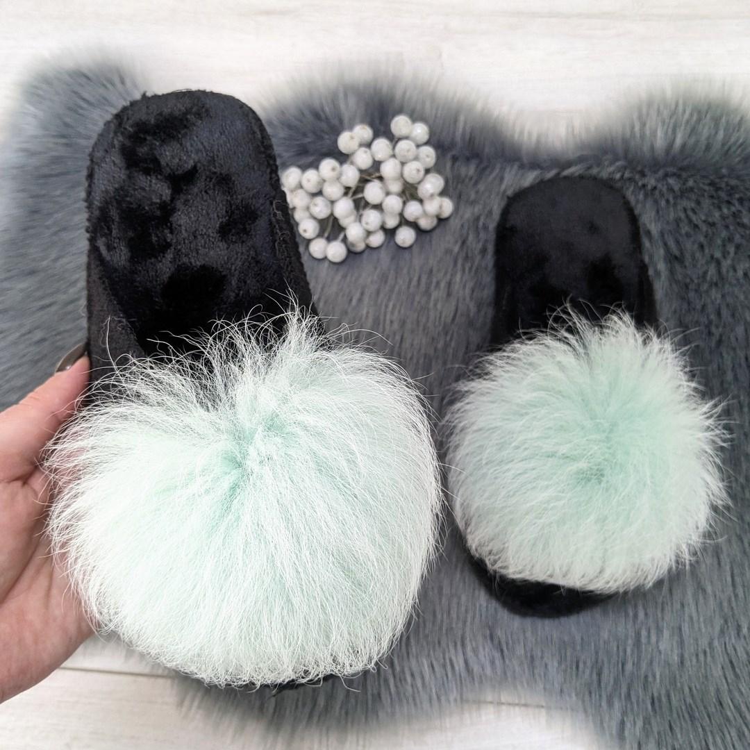 Капці жіночі повстяні для ламінату з натуральним хутром м'ятного кольору 4243, фото 1