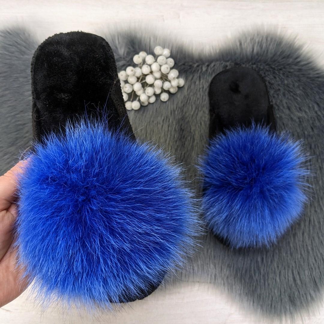 Капці жіночі повстяні для ламінату з натуральним хутром сині 4243, фото 1