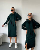 Длинное тёплое платье-худи с капюшоном и карманами тёмно-зелёное изумруд XS-S M-L XL
